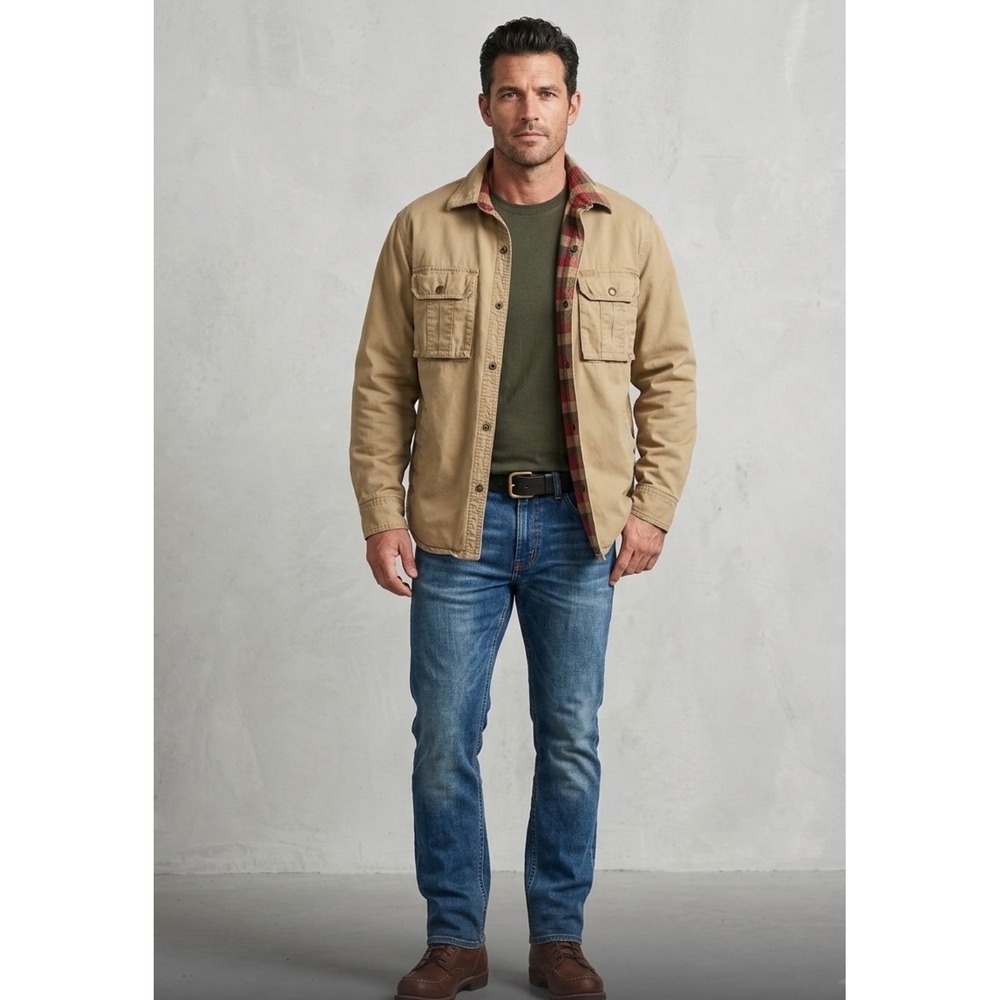 Jeep Windstorm Reversible Shirt Jacket Mens Tan Plaid Outdoor Utility Coat